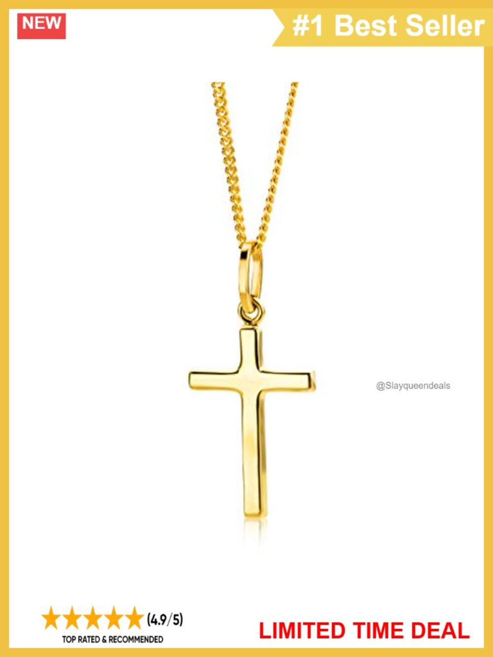 10k Yellow Gold Cross Pendant Necklace with 18k Gold Plated Chain 925 Sterling